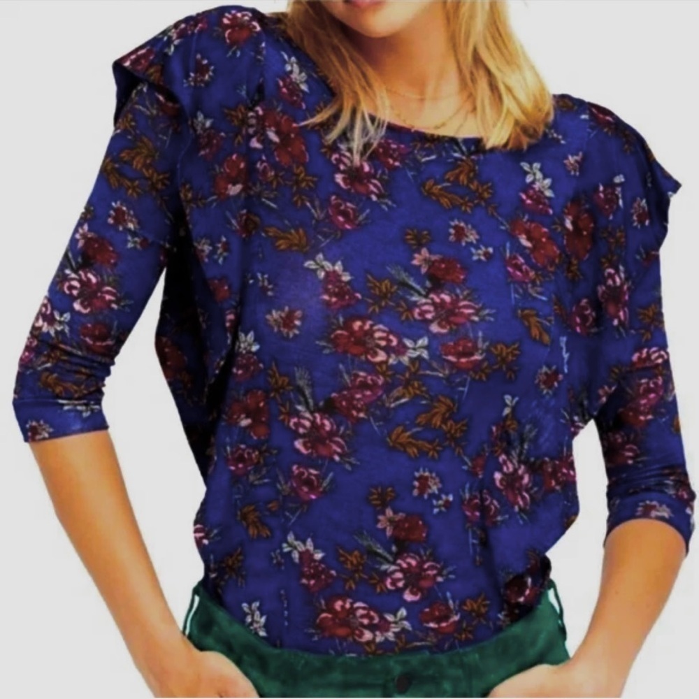 Free People Boho Floral 3/4 Sleeve Ruffle Shirt Blue Dock Street Blouse S